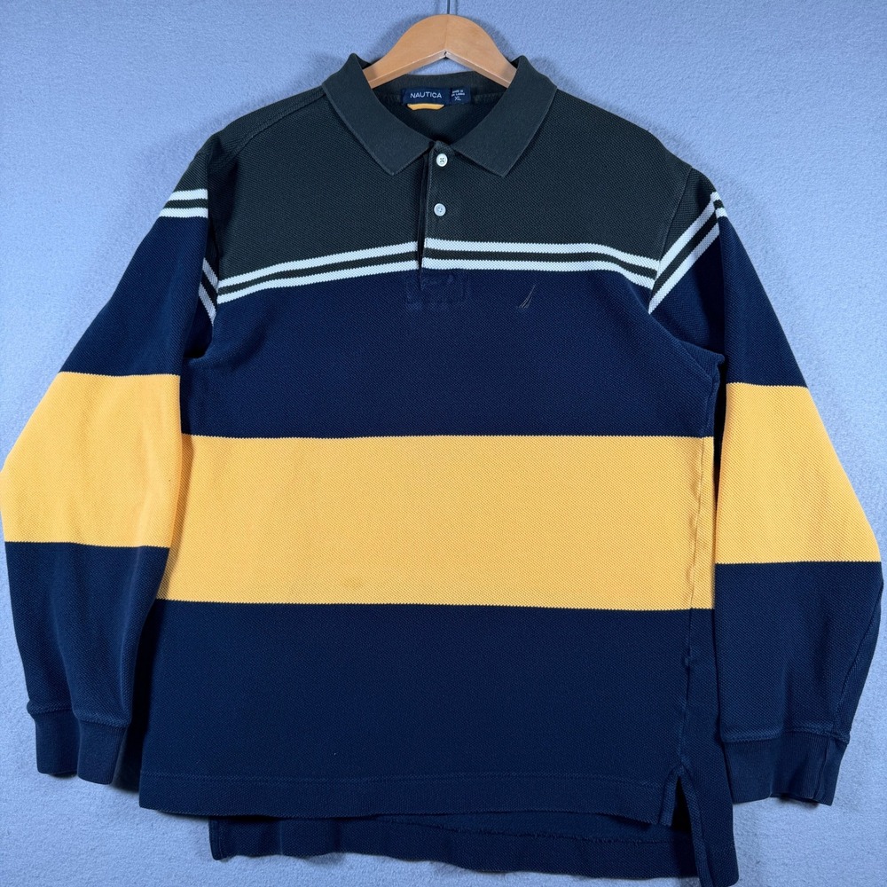 Nautica Mens XL Long Sleeve Rugby Polo Shirt Navy Blue Yellow Colorblock Striped